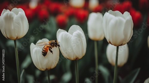 Bee pollinating white tulips in a garden.