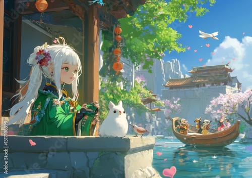 Whimsical Valentine's Day scene with white-haired girl in green playing with birds by an ancient well, surrounded by colorful characters and animal friends