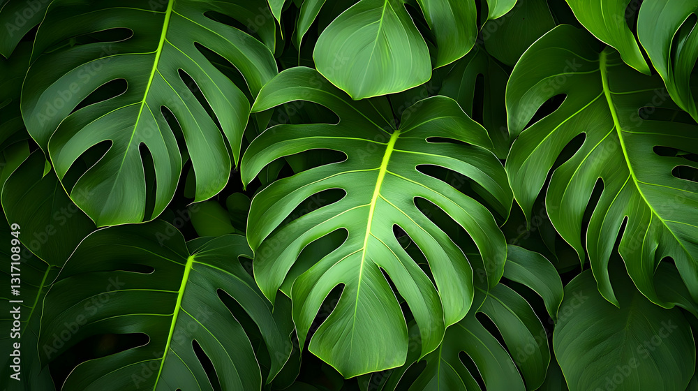 Obraz premium Lush Green Tropical Monstera Leaves Closeup Texture and Pattern Ideal for Nature Backgrounds