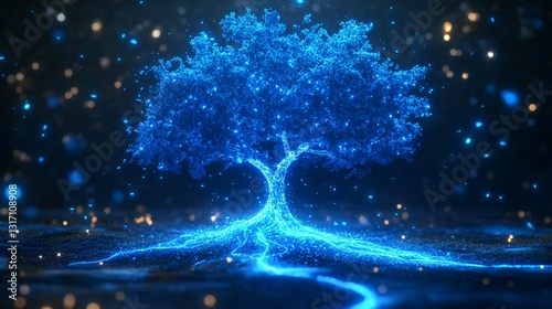 Luminous Blue Tree Digital Art: Glowing Mystic Forest Scene