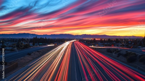 Vibrant sunset over a highway with light trails, showcasing movement and serene landscape