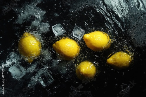 Fresh lemons and ice cubes on a dark surface with water splashes