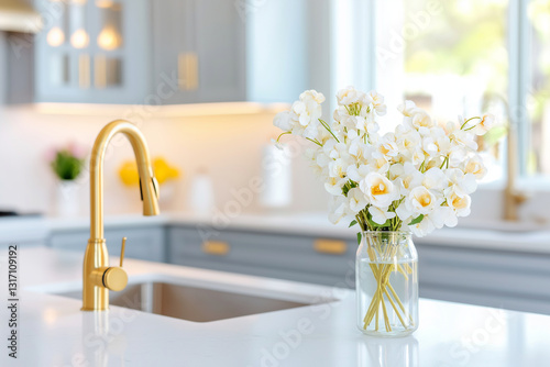 Modern kitchen with gray cabinets, white marble countertop, and golden faucet. vase of white flowers adds touch of elegance and freshness to space, creating warm and inviting atmosphere