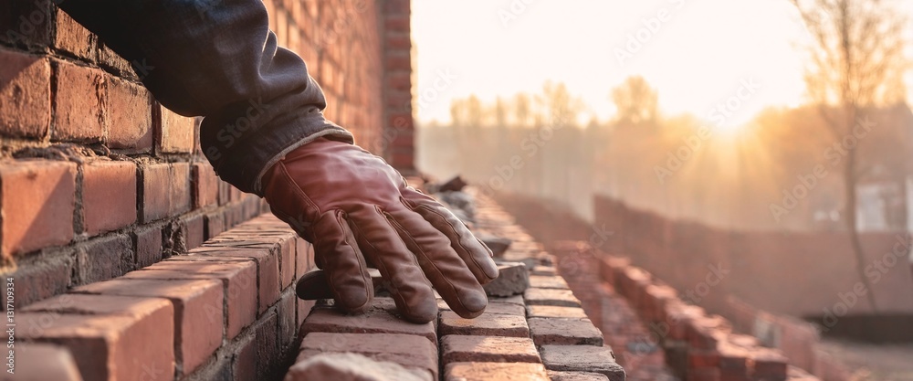 Industrial bricklayer installing bricks on construction site