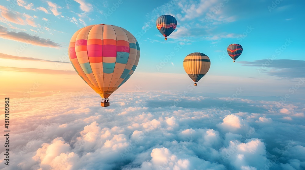 Fototapeta premium Vibrant hot air balloons float in clear blue sky with multicolored designs, drifting above fluffy clouds in serene, dreamy travel scene capturing freedom and inspirational wanderlust.