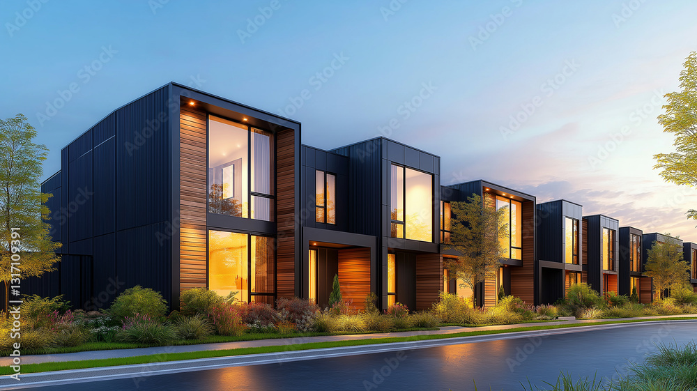 Obraz premium Modern row of houses with black panels and wooden accents, showcasing large windows reflecting warm light. scene captures serene evening atmosphere with lush greenery