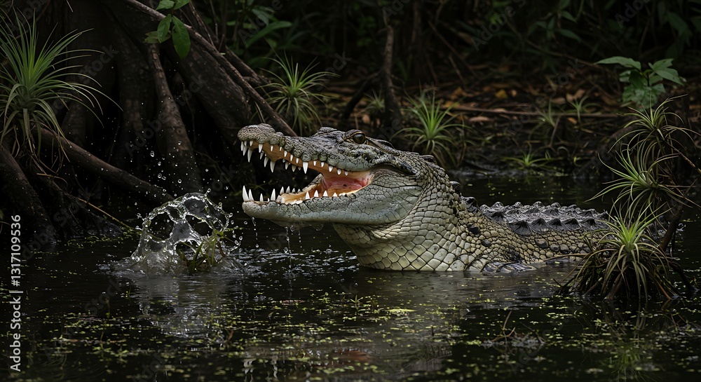 Fototapeta premium An aggressive crocodile emerging from a swamp with sharp teeth exposed