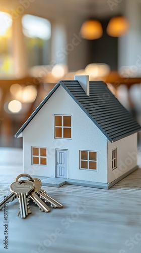 Symbolizing homeownership miniature house and keys in sunlit kitchen