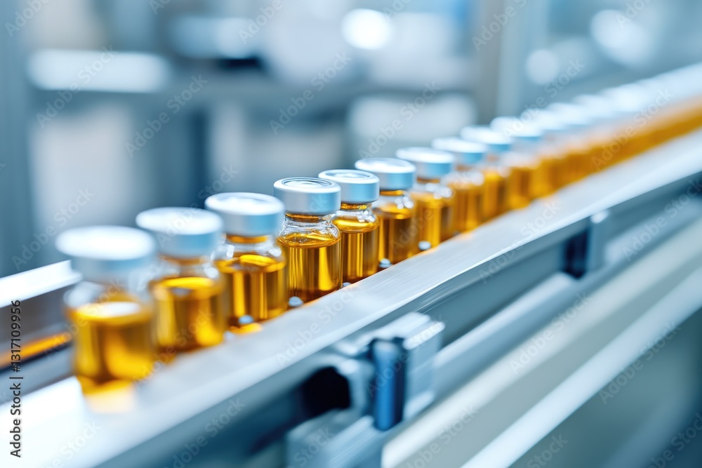 Close-up of vaccine vials on conveyor belt Close-up of vaccine vials on conveyor belt