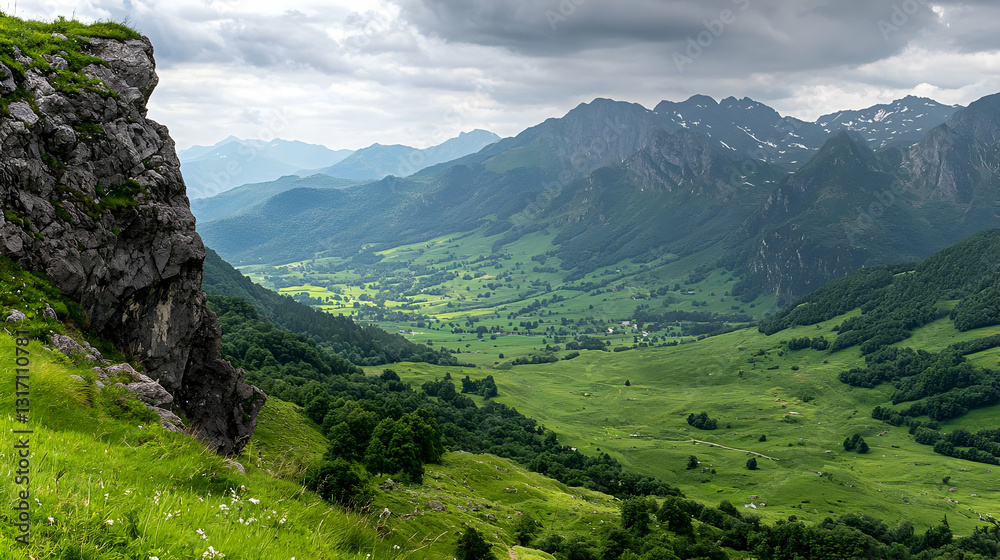 Fototapeta premium Green Valley With Lush Vegetation And Dramatic Cloudscape