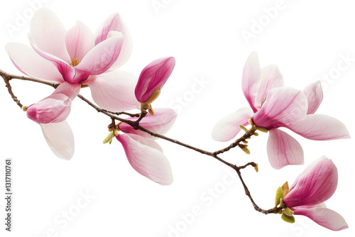 Pink magnolia flowers branch in a corner border, spring flowers isolated background photo