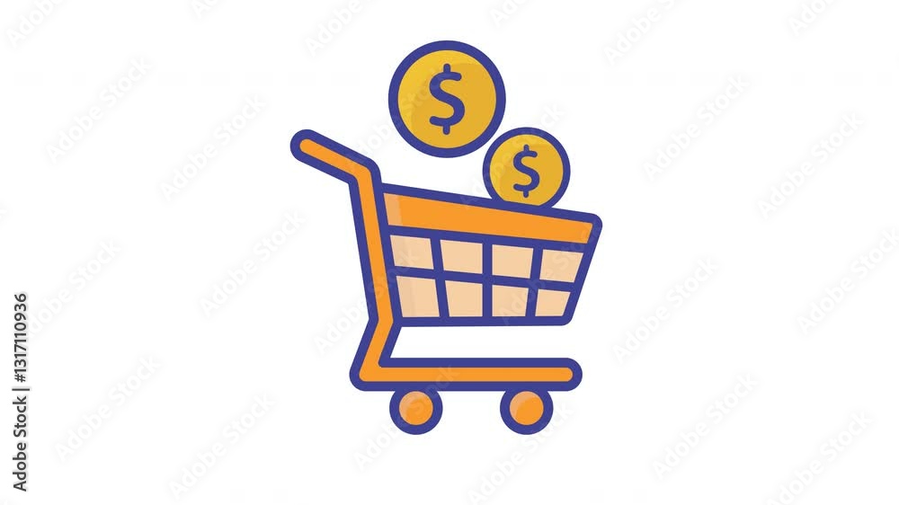 Animated money cart rolling with two shiny coins inside.