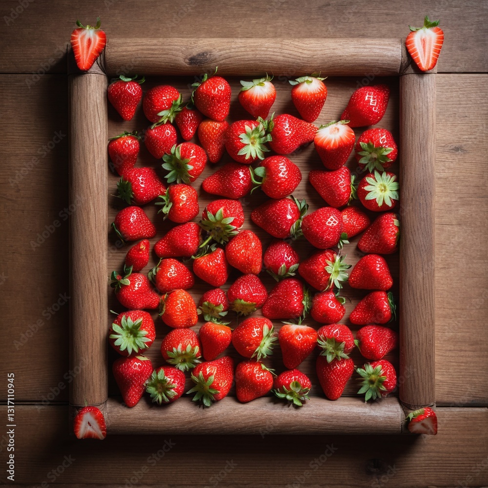 Fresh strawberry fruits on wooden background. Top view, flat lay