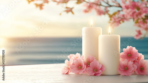 Serene white candles on table surrounded by pink flowers, with beautiful ocean view in background. warm sunlight creates peaceful atmosphere, perfect for relaxation