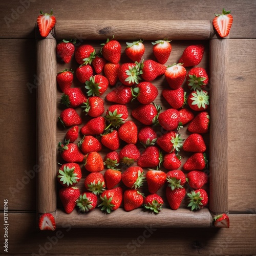 Obraz na płótnie Fresh strawberry fruits on wooden background. Top view, flat lay w salonie