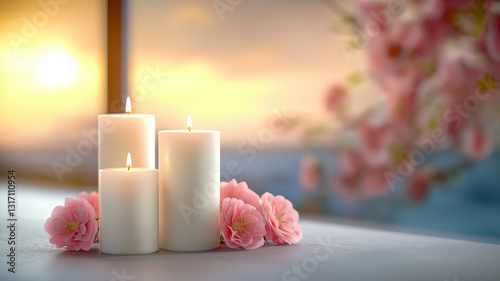 Three white candles on table surrounded by pink flowers, creating serene atmosphere with sunset view in background. warm glow of candles enhances peaceful setting