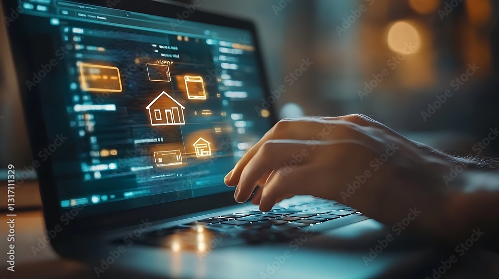 Hands using laptop with smart home interface. Hands using laptop with smart home interface.