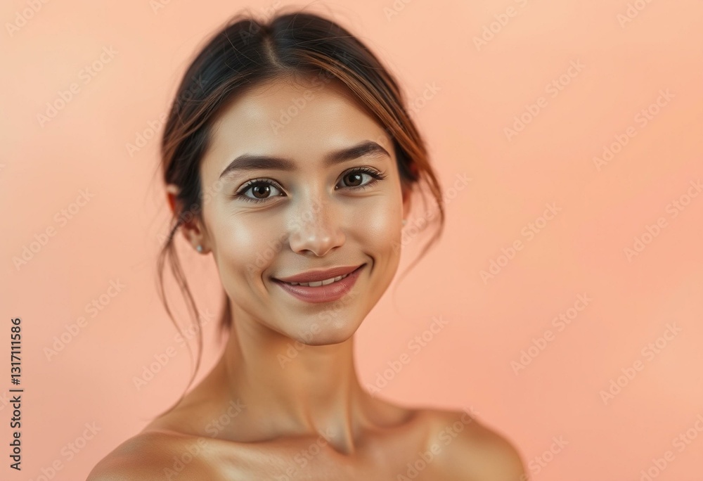 Photorealistic natural light portrait of a female person on a warm colored pastel background Photorealistic natural light portrait of a female person on a warm colored pastel background