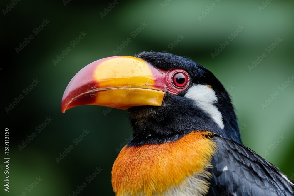 Obraz premium Colorful toucan with vibrant beak perched amidst lush green surroundings in a tropical landscape