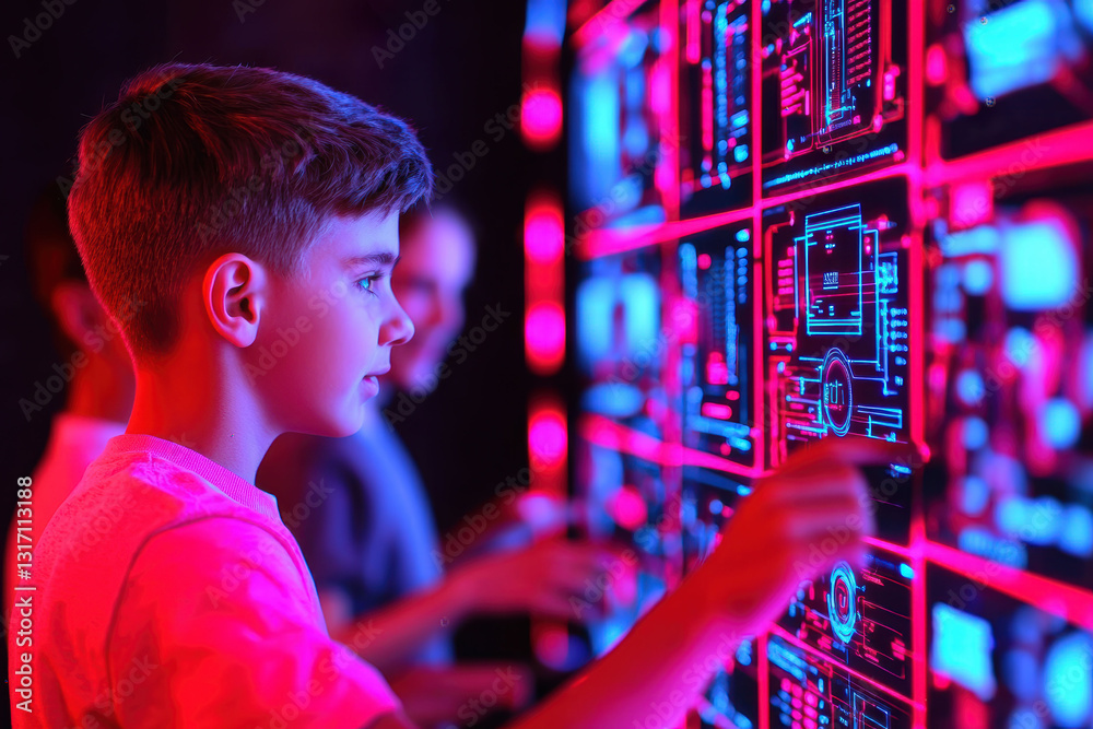 Obraz premium A young boy interacts with a vibrant, high-tech display, showcasing colorful data visuals in a futuristic setting.