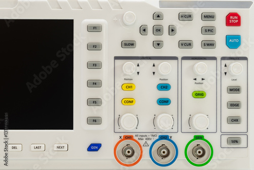 Closeup Modern digital storage oscilloscope showcasing input channels and control features
