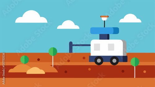 Soil Sampling Robot An illustration of a small autonomous vehicle collecting soil samples from different spots in a field for AI analysis of nutrient levels.