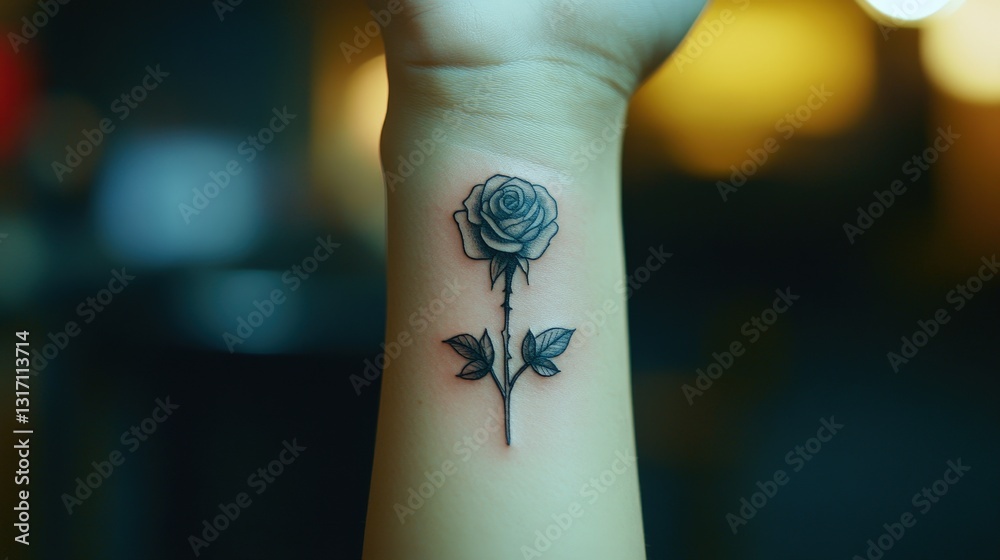 Obraz premium Delicate black and white rose ink adorns a wrist, exquisitely positioned at its center, petals curling to the left with elegant grace