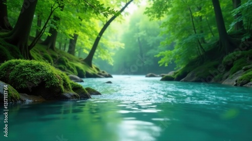 Serene forest river flowing gently through lush green foliage, moss covered rocks and tranquil waters