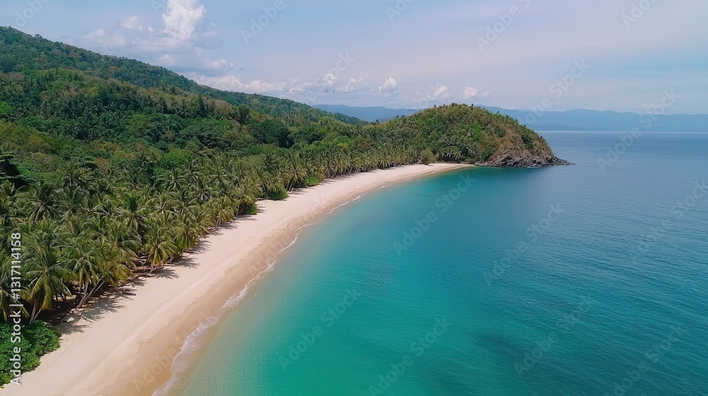 A stunning aerial view of a serene beach with turquoise waters and lush greenery, creating a tropical paradise atmosphere. A stunning aerial view of a serene beach with turquoise waters and lush greenery, creating a tropical paradise atmosphere.