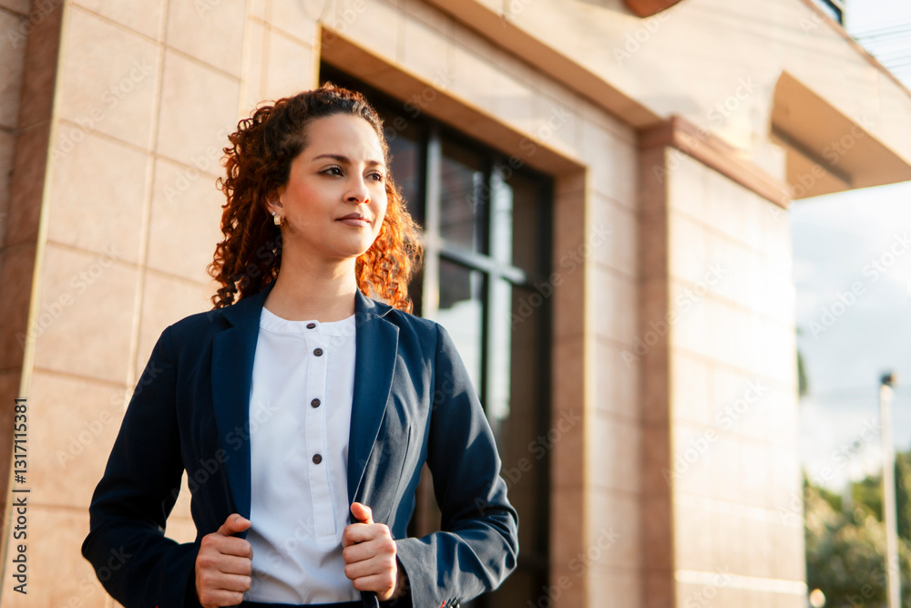 Fototapeta premium Confident hispanic businesswoman stands outside office building exuding empowerment and success