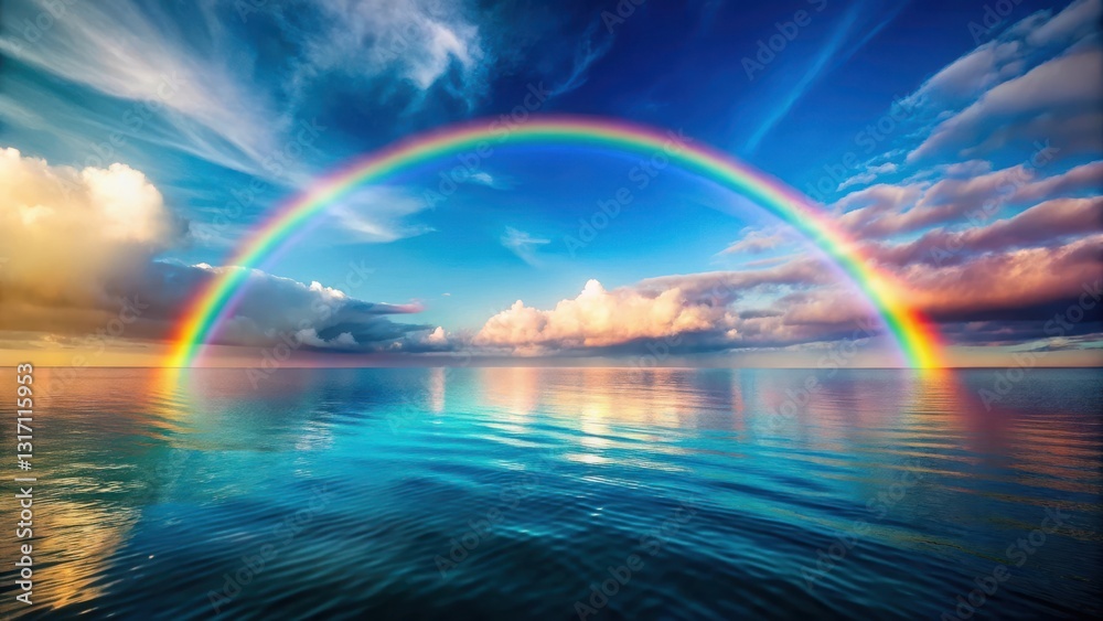Serene Ocean Panorama with Vibrant Rainbow Arch over Calm Waters and Colorful Clouds Serene Ocean Panorama with Vibrant Rainbow Arch over Calm Waters and Colorful Clouds