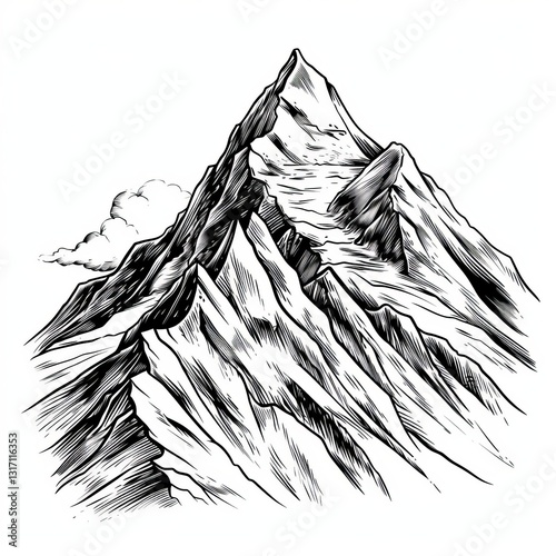 Mountain Peak Drawing with Detailed Lines and a Cloud Element