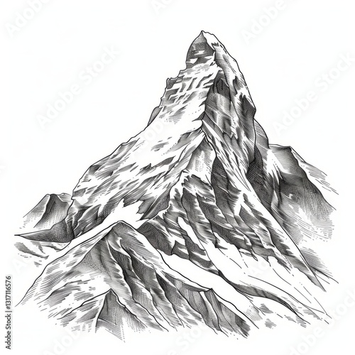 Hand Drawn Mountain Peak Illustration in Detailed Black and White Style