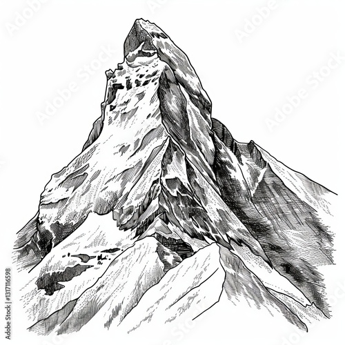 Mountain Peak Illustration with Snow Capped Summit in Black and White
