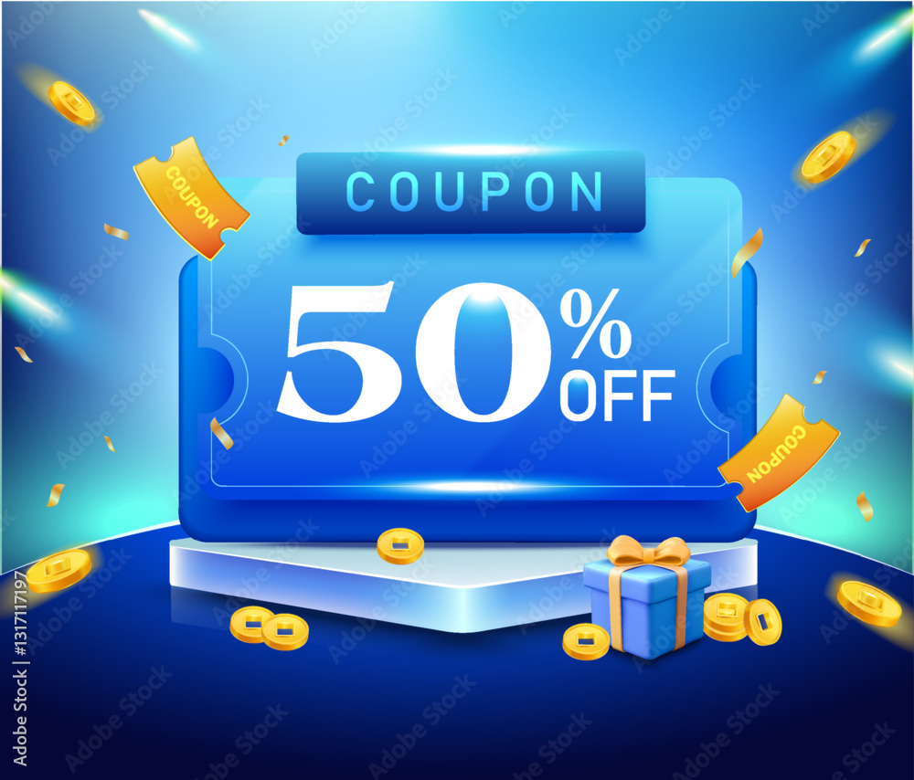 3d winter coupon on a stage with backdrop behind, gift boxes and coins flying around, isolated on background. Flying gift vouchers with coupon code banner template in 3d vector. Vector illustration