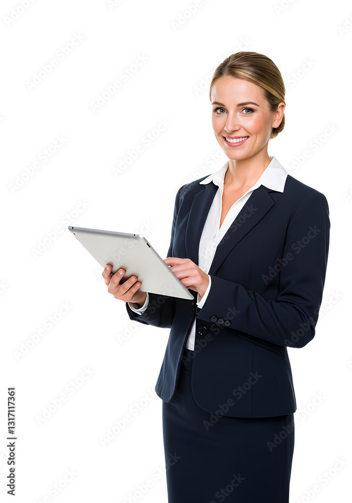 A woman in office attire holding a tablet, presenting with a bright smile, isolated A woman in office attire holding a tablet, presenting with a bright smile, isolated