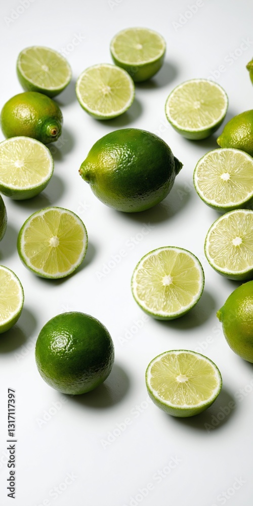 Green lime fruits with cut halfes on white
