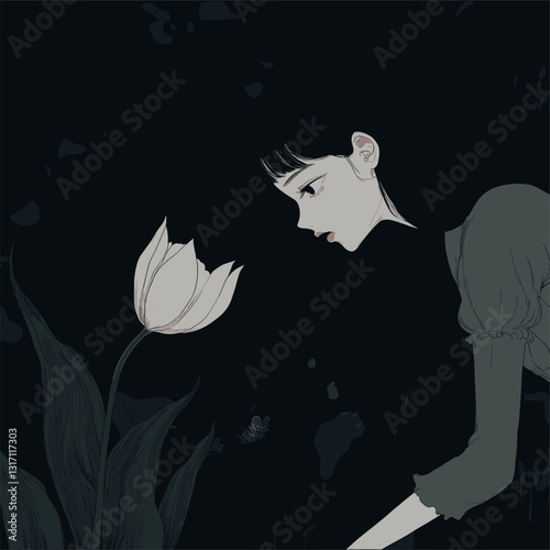 Charming and bittersweet: the ghost of a girl dips to pluck the ghost of a tulip. 