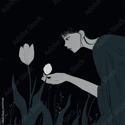 Charming and bittersweet: the ghost of a girl dips to pluck the ghost of a tulip. 
