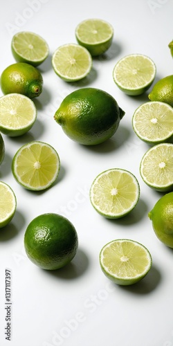 Obraz na płótnie Green lime fruits with cut halfes on white w salonie