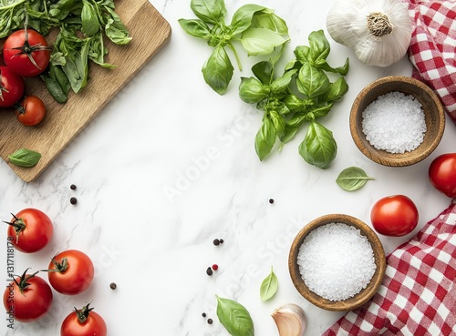 Wallpaper Mural Arrangement of Fresh Tomato Basil Garlic and Salt for Cooking Torontodigital.ca