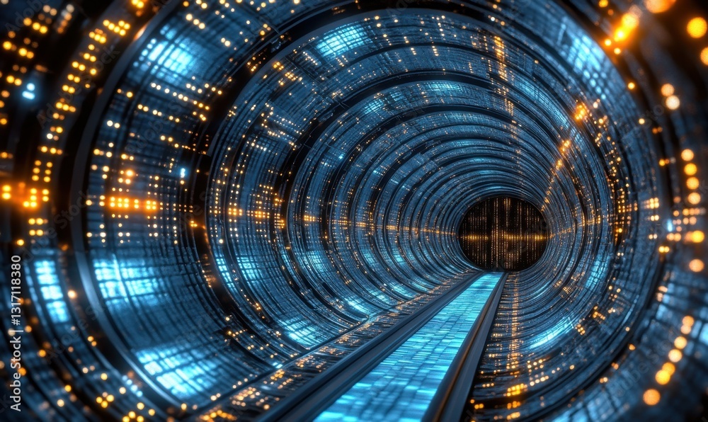 Obraz premium Futuristic tunnel with glowing lights and data stream
