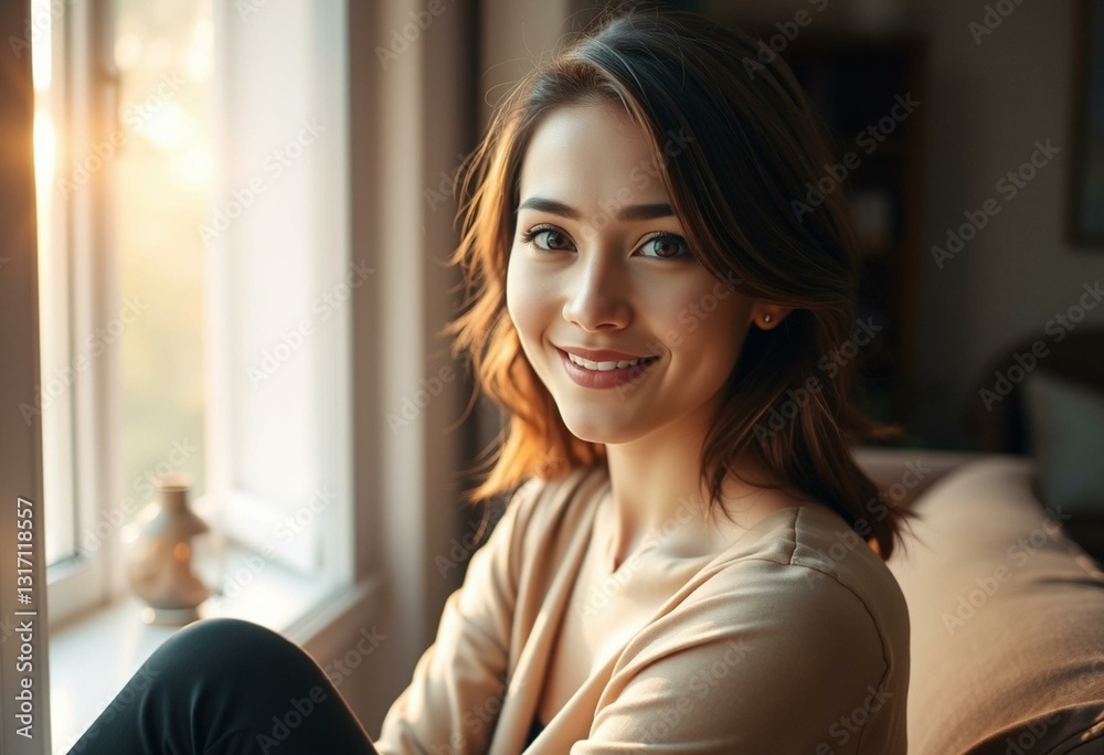 Softly lit window portrait of a young woman Softly lit window portrait of a young woman