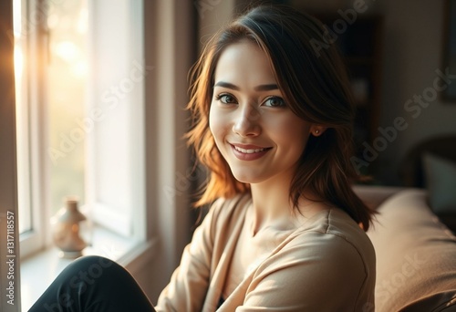 Free Download Softly lit window portrait of a young woman - GFXLoad