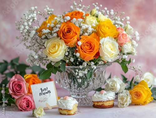 Elegant Bouquet of Orange, Yellow & White Roses with Baby’s Breath in Crystal Vase – Cozy Table Setting with Tea, Cakes & 