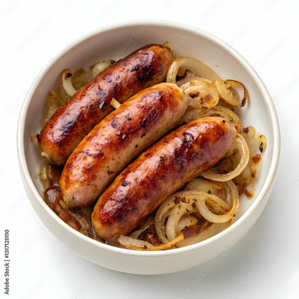 Three Juicy Grilled Sausages with Rosemary in bowl Three Juicy Grilled Sausages with Rosemary in bowl