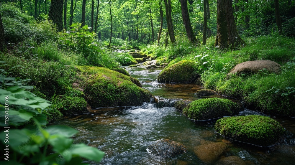 A serene stream meanders through vibrant green woods, its crystal-clear waters dancing over moss-laden stones beneath towering trees A serene stream meanders through vibrant green woods, its crystal-clear waters dancing over moss-laden stones beneath towering trees