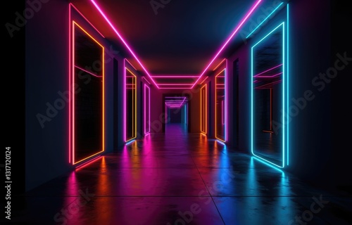 Neon-Lit Corridor with Vibrant Colors and Reflective Floor