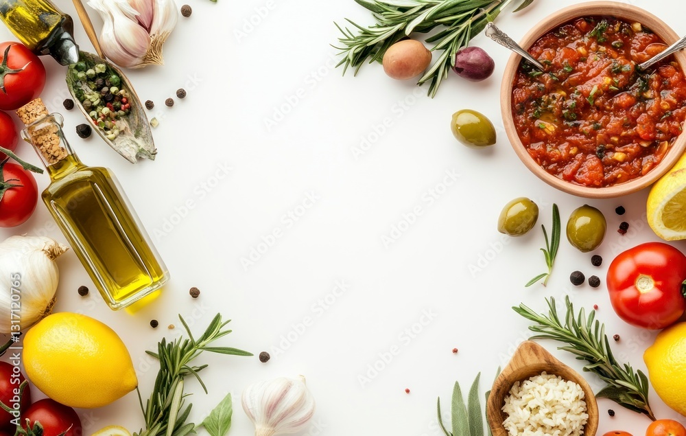 Preparing Fresh Tomato Salsa with Olive Oil and Herbs Arrangement Preparing Fresh Tomato Salsa with Olive Oil and Herbs Arrangement