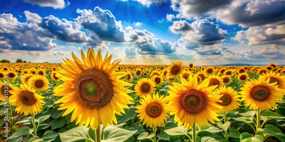 Fototapeta premium Vibrant Sunflowers Basking in a Summer Sky's Radiant Light and Dramatic Clouds